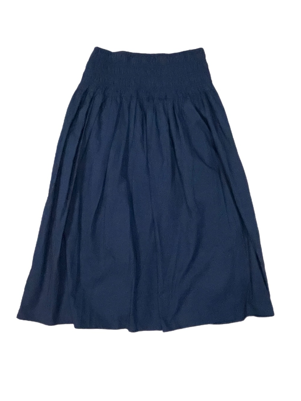 Womens Drop Waist Shirred Smocked Waist Navy Blue Midi Cotton Skirt Large